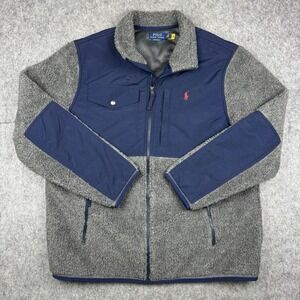 Polo Ralph Lauren Jacket Mens XL Deep Pile Gray Blue Hybrid Fleece Full Zip